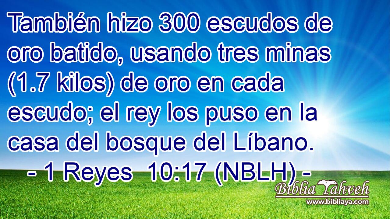  También hizo 300 escudos de oro batido, usando tres minas (1.7 kilos) de oro en cada escudo; el rey los puso en la casa del bosque del Líbano. 