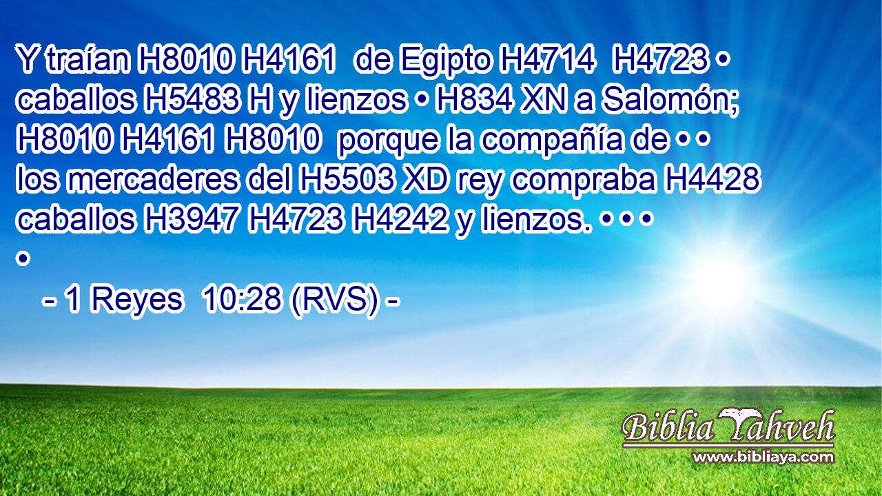 Y traían H8010 H4161  de Egipto H4714  H4723 • caballos H5483 H y lienzos • H834 XN a Salomón; H8010 H4161 H8010  porque la compañía de • • los mercaderes del H5503 XD rey compraba H4428  caballos H3947 H4723 H4242 y lienzos. • • • • 