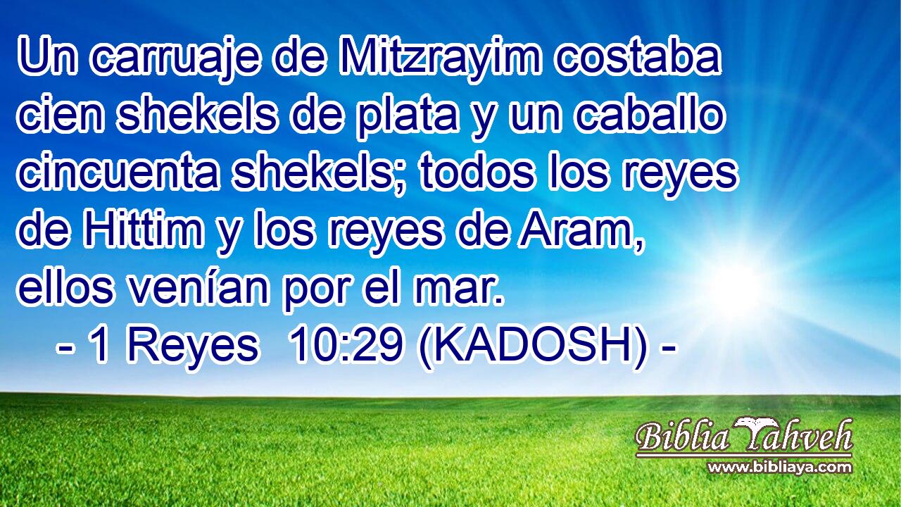  Un carruaje de Mitzrayim costaba cien shekels de plata y un caballo cincuenta shekels; todos los reyes de Hittim y los reyes de Aram, ellos venían por el mar. 