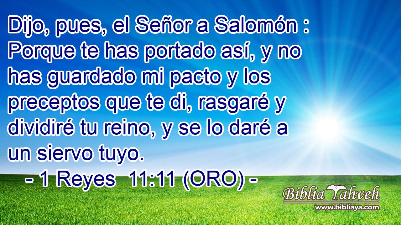  Dijo, pues, el Señor a Salomón : Porque te has portado así, y no has guardado mi pacto y los preceptos que te di, rasgaré y dividiré tu reino, y se lo daré a un siervo tuyo. 