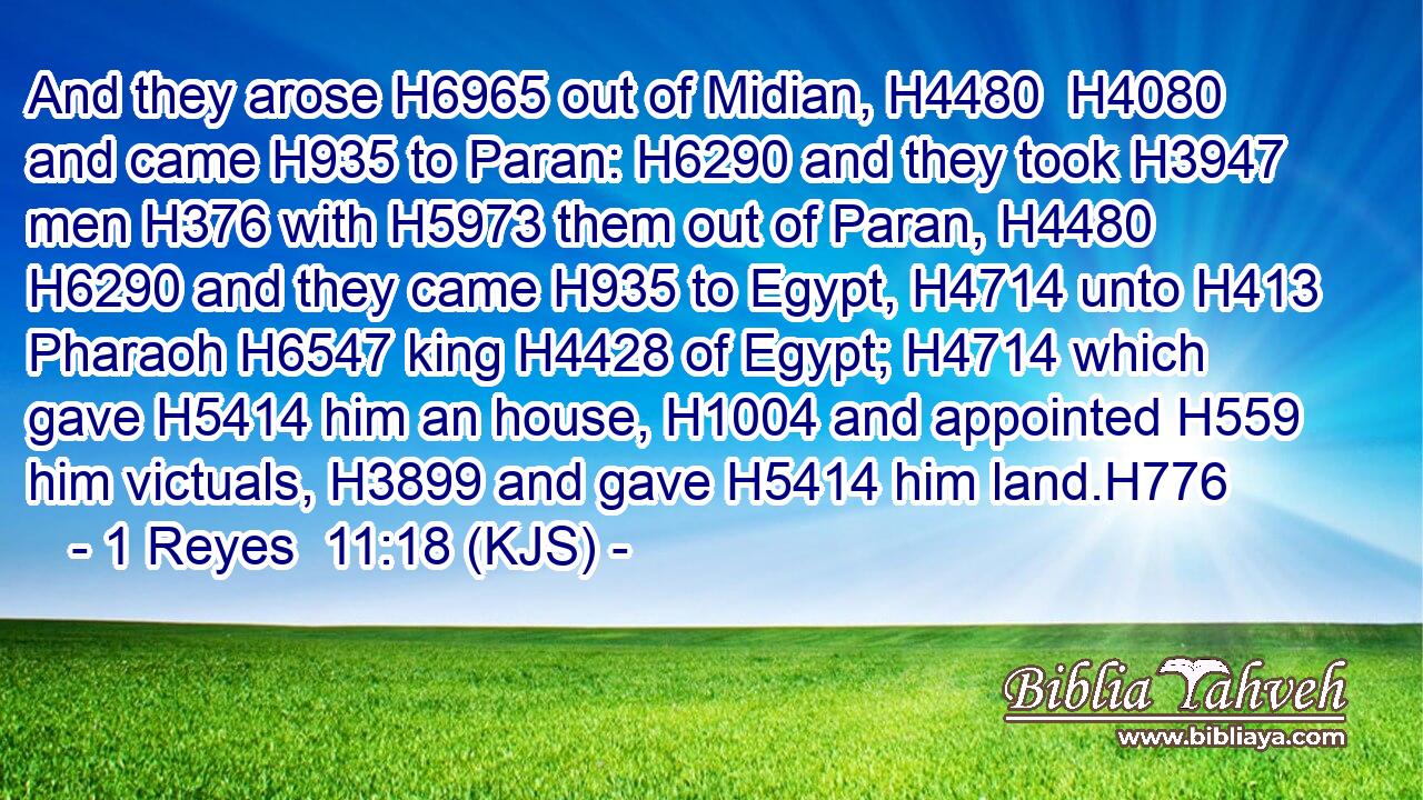 And they arose H6965 out of Midian, H4480  H4080 and came H935 to Paran: H6290 and they took H3947 men H376 with H5973 them out of Paran, H4480  H6290 and they came H935 to Egypt, H4714 unto H413 Pharaoh H6547 king H4428 of Egypt; H4714 which gave H5414 him an house, H1004 and appointed H559 him victuals, H3899 and gave H5414 him land.H776