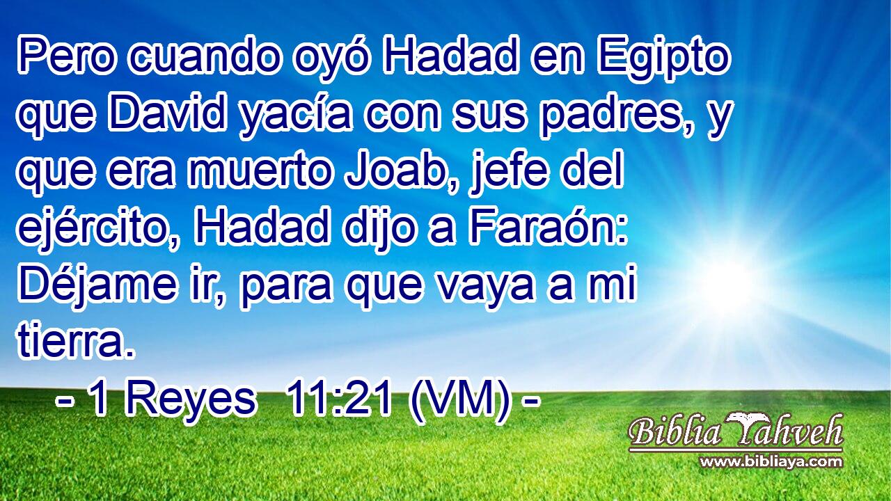  Pero cuando oyó Hadad en Egipto que David yacía con sus padres, y que era muerto Joab, jefe del ejército, Hadad dijo a Faraón: Déjame ir, para que vaya a mi tierra. 