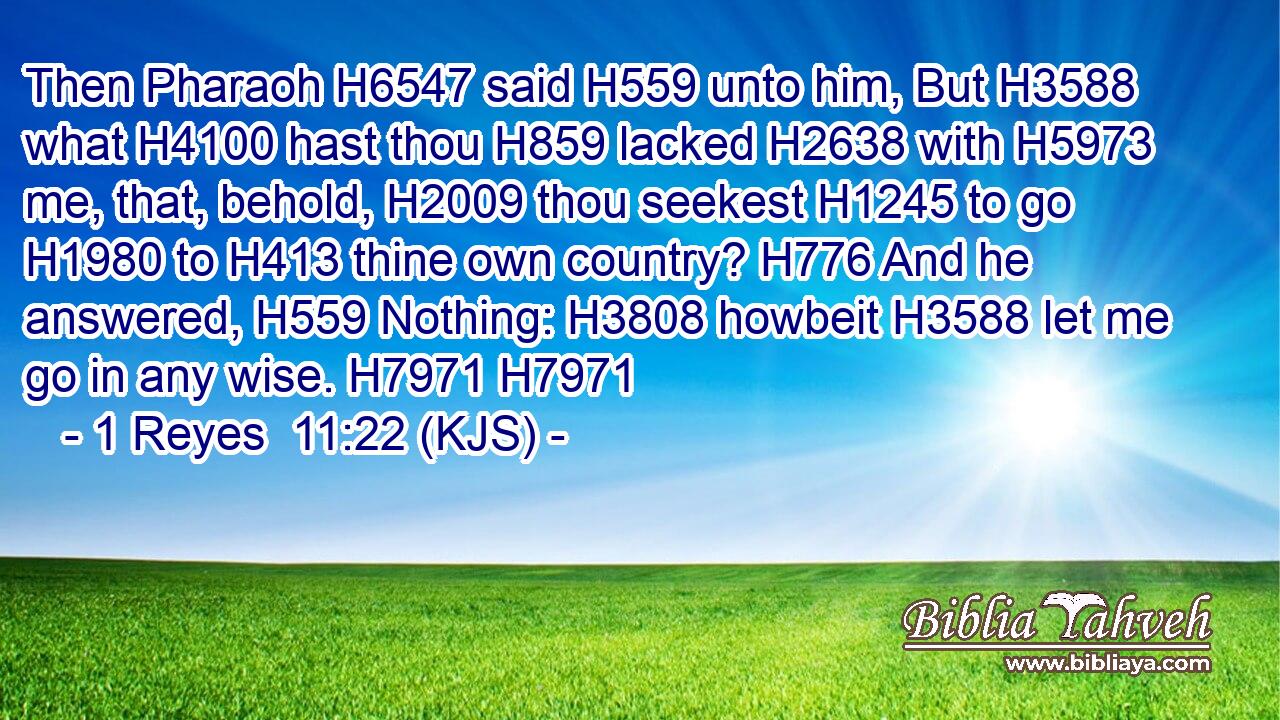 Then Pharaoh H6547 said H559 unto him, But H3588 what H4100 hast thou H859 lacked H2638 with H5973 me, that, behold, H2009 thou seekest H1245 to go H1980 to H413 thine own country? H776 And he answered, H559 Nothing: H3808 howbeit H3588 let me go in any wise. H7971 H7971