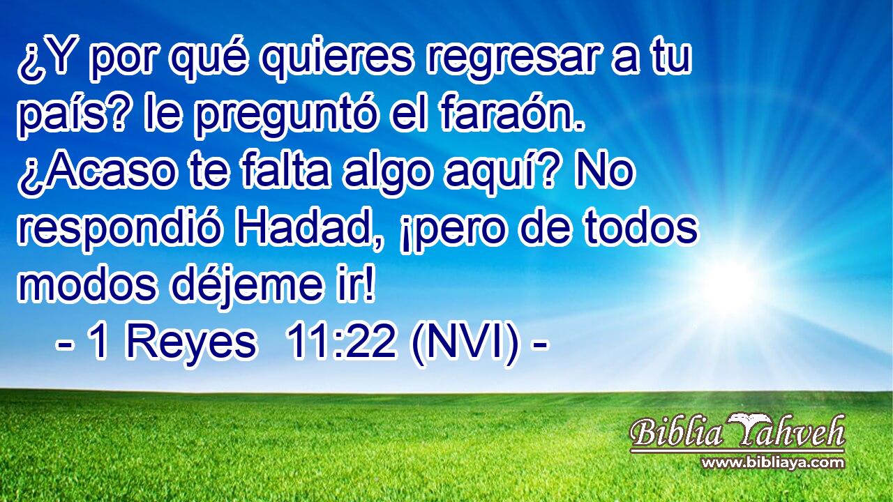  ¿Y por qué quieres regresar a tu país? le preguntó el faraón. ¿Acaso te falta algo aquí? No respondió Hadad, ¡pero de todos modos déjeme ir! 