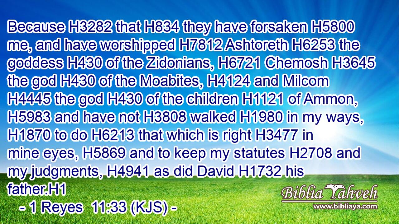 Because H3282 that H834 they have forsaken H5800 me, and have worshipped H7812 Ashtoreth H6253 the goddess H430 of the Zidonians, H6721 Chemosh H3645 the god H430 of the Moabites, H4124 and Milcom H4445 the god H430 of the children H1121 of Ammon, H5983 and have not H3808 walked H1980 in my ways, H1870 to do H6213 that which is right H3477 in mine eyes, H5869 and to keep my statutes H2708 and my judgments, H4941 as did David H1732 his father.H1
