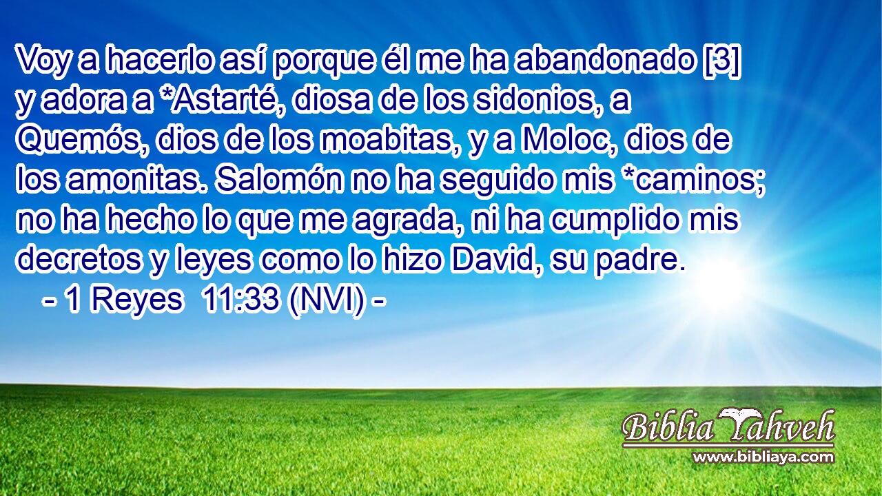  Voy a hacerlo así porque él me ha abandonado [3] y adora a *Astarté, diosa de los sidonios, a Quemós, dios de los moabitas, y a Moloc, dios de los amonitas. Salomón no ha seguido mis *caminos; no ha hecho lo que me agrada, ni ha cumplido mis decretos y leyes como lo hizo David, su padre. 