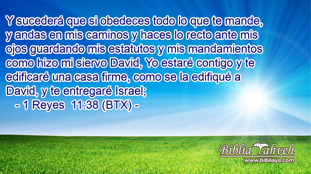 Y sucederá que si obedeces todo lo que te mande, y andas en mis caminos y haces lo recto ante mis ojos guardando mis estatutos y mis mandamientos como hizo mi siervo David, Yo estaré contigo y te edificaré una casa firme, como se la edifiqué a David, y te entregaré Israel;