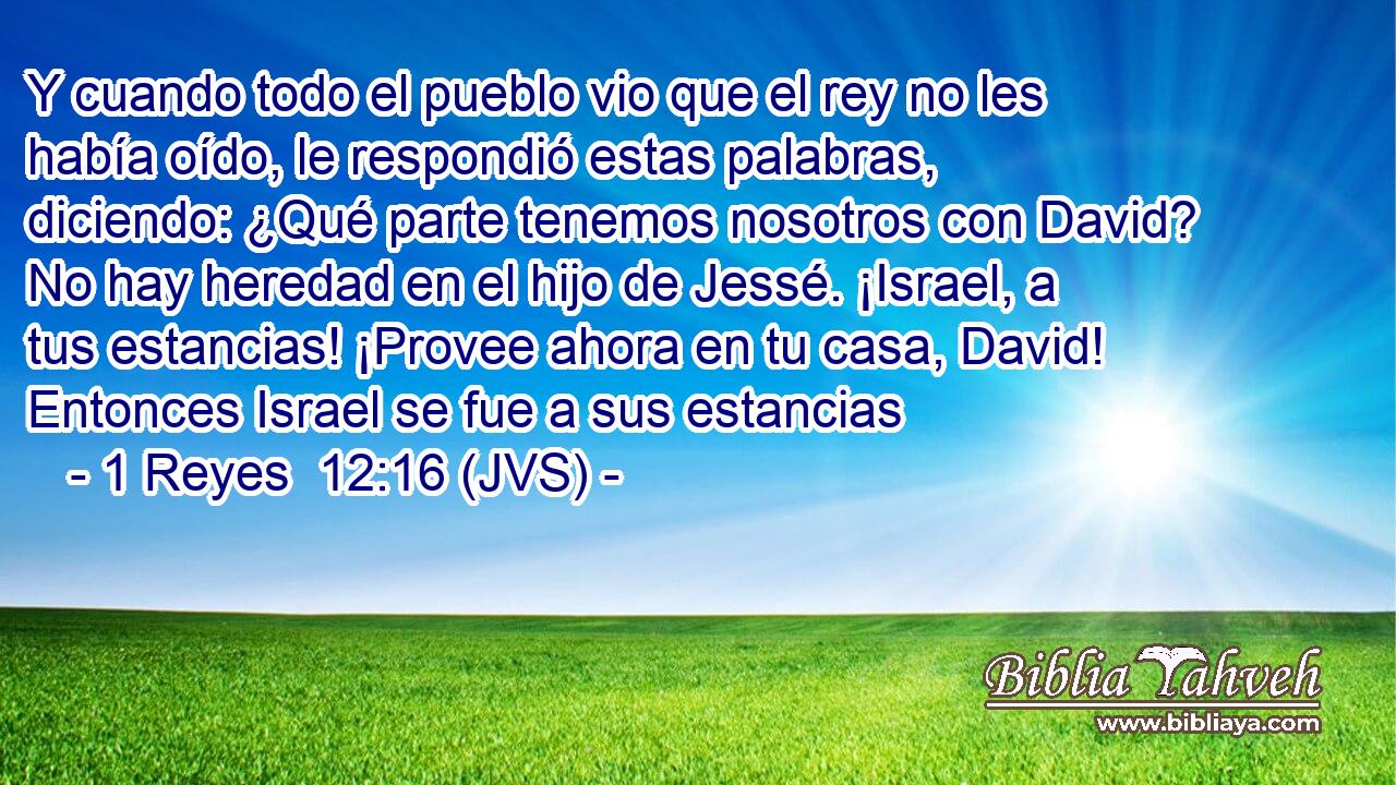 Y cuando todo el pueblo vio que el rey no les había oído, le respondió estas palabras, diciendo: ¿Qué parte tenemos nosotros con David? No hay heredad en el hijo de Jessé. ¡Israel, a tus estancias! ¡Provee ahora en tu casa, David! Entonces Israel se fue a sus estancias