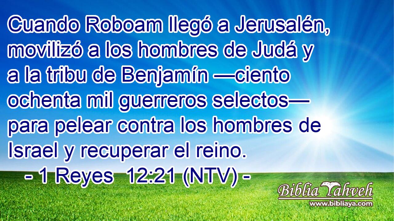 Cuando Roboam llegó a Jerusalén, movilizó a los hombres de Judá y a la tribu de Benjamín —ciento ochenta mil guerreros selectos— para pelear contra los hombres de Israel y recuperar el reino.