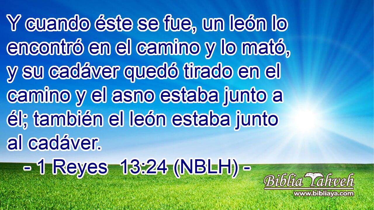  Y cuando éste se fue, un león lo encontró en el camino y lo mató, y su cadáver quedó tirado en el camino y el asno estaba junto a él; también el león estaba junto al cadáver. 