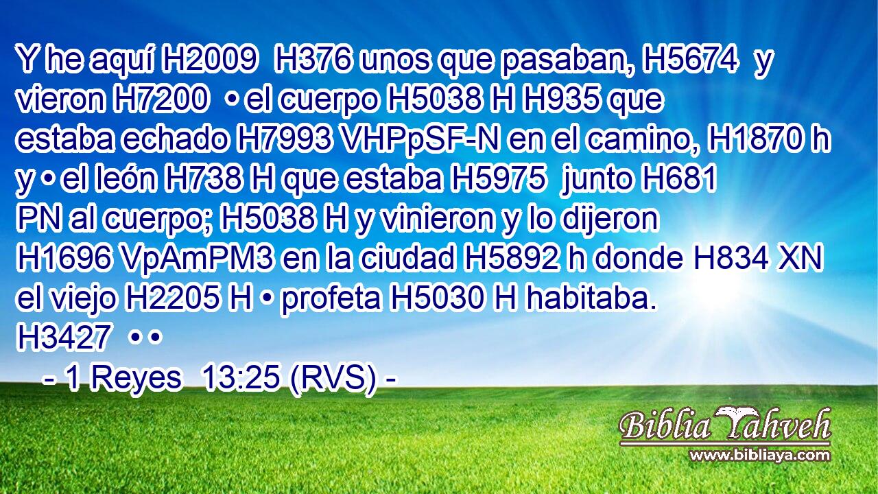 Y he aquí H2009  H376 unos que pasaban, H5674  y vieron H7200  • el cuerpo H5038 H H935 que estaba echado H7993 VHPpSF-N en el camino, H1870 h y • el león H738 H que estaba H5975  junto H681 PN al cuerpo; H5038 H y vinieron y lo dijeron H1696 VpAmPM3 en la ciudad H5892 h donde H834 XN el viejo H2205 H • profeta H5030 H habitaba. H3427  • • 