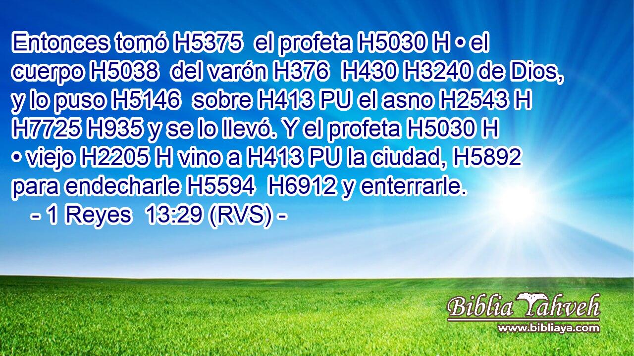 Entonces tomó H5375  el profeta H5030 H • el cuerpo H5038  del varón H376  H430 H3240 de Dios, y lo puso H5146  sobre H413 PU el asno H2543 H H7725 H935 y se lo llevó. Y el profeta H5030 H • viejo H2205 H vino a H413 PU la ciudad, H5892  para endecharle H5594  H6912 y enterrarle. 
