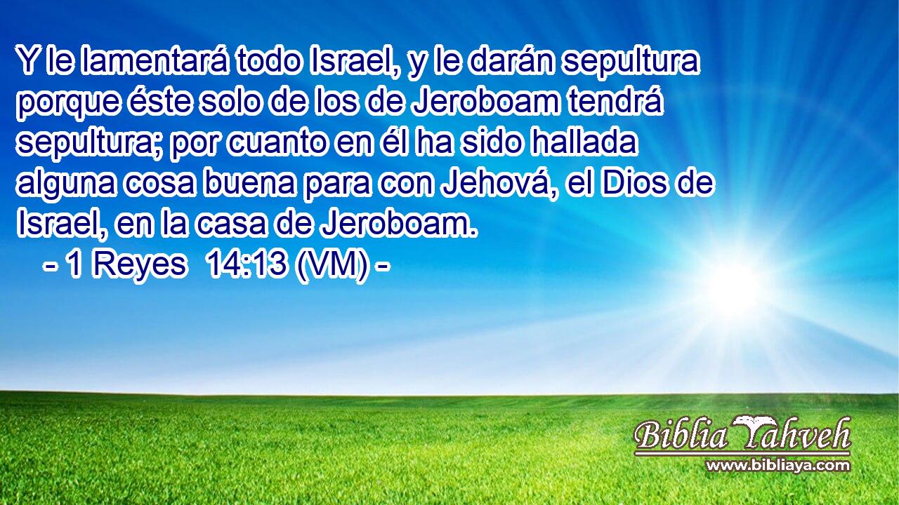  Y le lamentará todo Israel, y le darán sepultura porque éste solo de los de Jeroboam tendrá sepultura; por cuanto en él ha sido hallada alguna cosa buena para con Jehová, el Dios de Israel, en la casa de Jeroboam. 