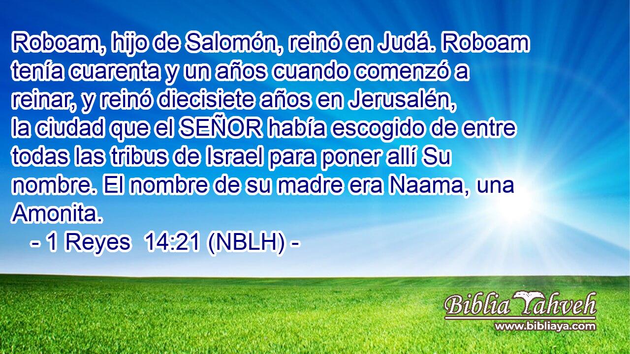  Roboam, hijo de Salomón, reinó en Judá. Roboam tenía cuarenta y un años cuando comenzó a reinar, y reinó diecisiete años en Jerusalén, la ciudad que el SEÑOR había escogido de entre todas las tribus de Israel para poner allí Su nombre. El nombre de su madre era Naama, una Amonita. 