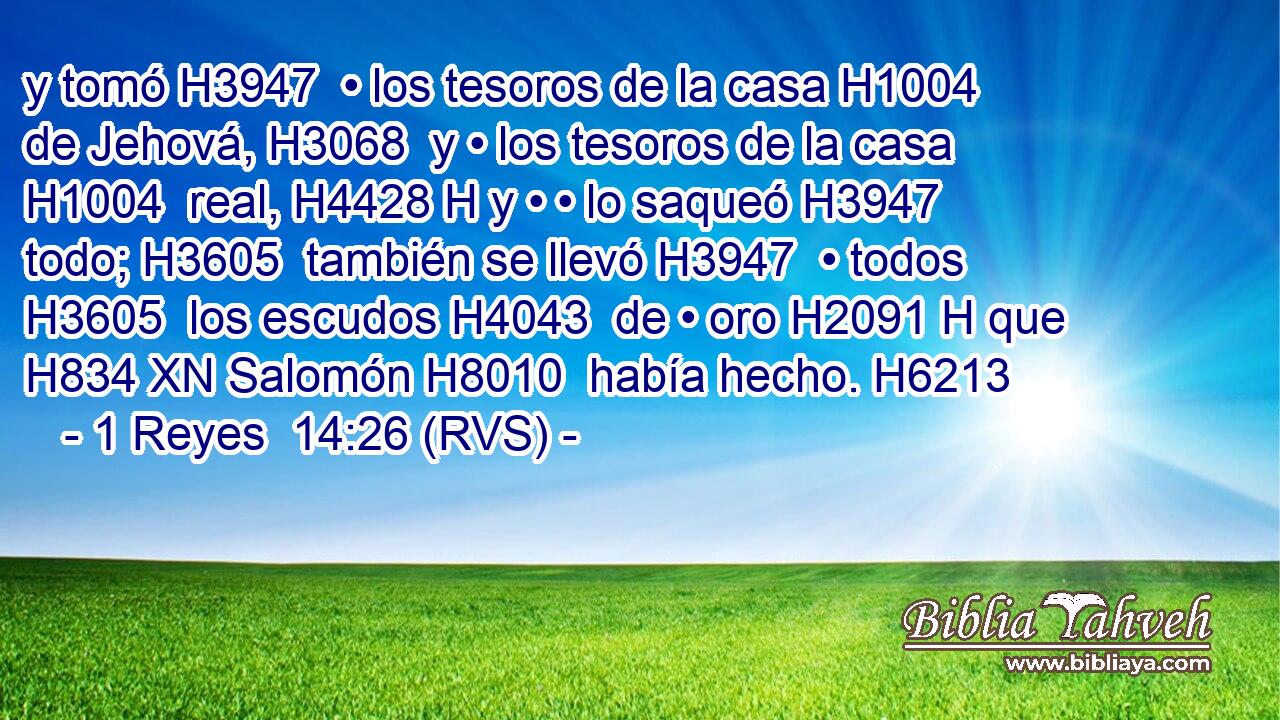 y tomó H3947  • los tesoros de la casa H1004  de Jehová, H3068  y • los tesoros de la casa H1004  real, H4428 H y • • lo saqueó H3947  todo; H3605  también se llevó H3947  • todos H3605  los escudos H4043  de • oro H2091 H que H834 XN Salomón H8010  había hecho. H6213  