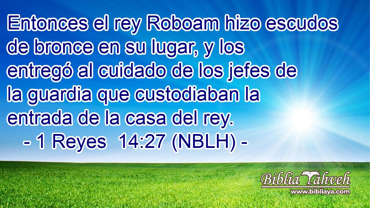 Entonces el rey Roboam hizo escudos de bronce en su lugar, y los entregó al cuidado de los jefes de la guardia que custodiaban la entrada de la casa del rey. 
