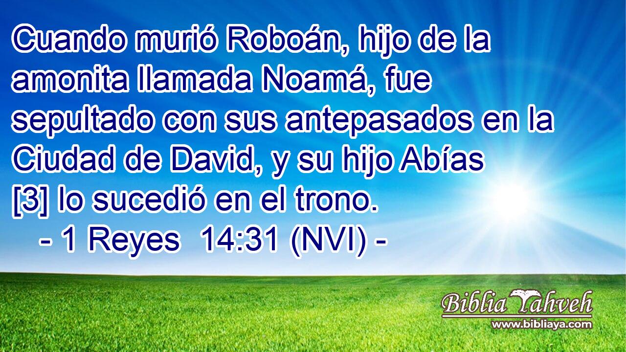  Cuando murió Roboán, hijo de la amonita llamada Noamá, fue sepultado con sus antepasados en la Ciudad de David, y su hijo Abías [3] lo sucedió en el trono. 
