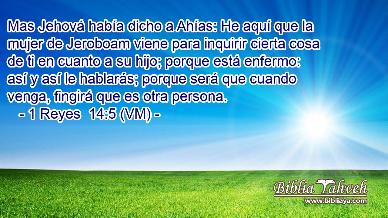  Mas Jehová había dicho a Ahías: He aquí que la mujer de Jeroboam viene para inquirir cierta cosa de ti en cuanto a su hijo; porque está enfermo: así y así le hablarás; porque será que cuando venga, fingirá que es otra persona. 