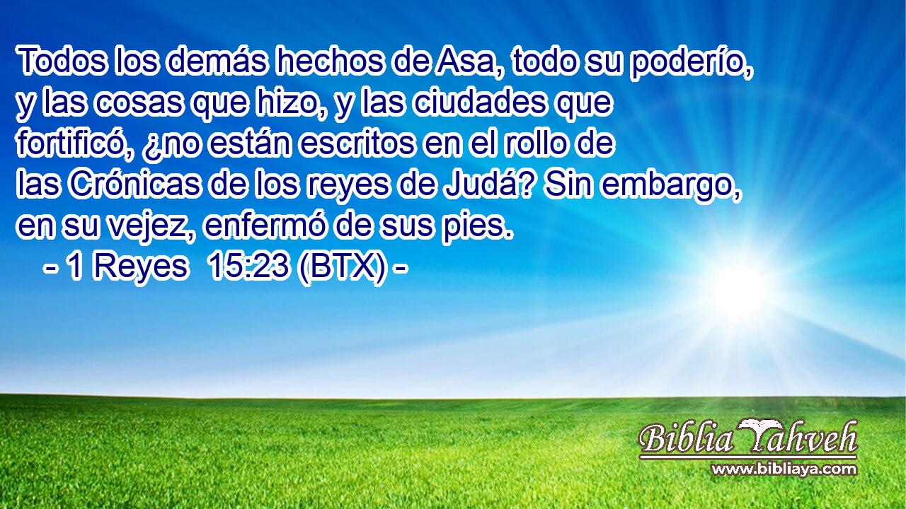 Todos los demás hechos de Asa, todo su poderío, y las cosas que hizo, y las ciudades que fortificó, ¿no están escritos en el rollo de las Crónicas de los reyes de Judá? Sin embargo, en su vejez, enfermó de sus pies.