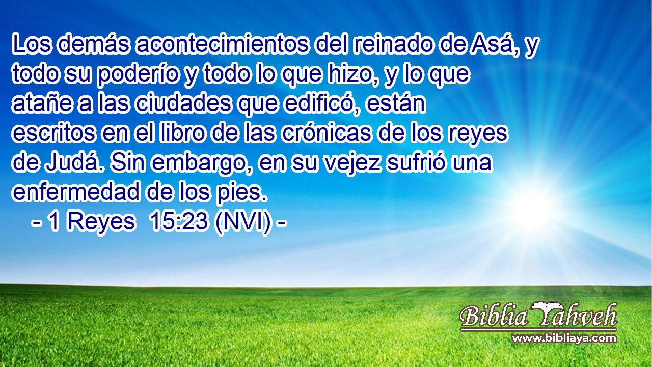  Los demás acontecimientos del reinado de Asá, y todo su poderío y todo lo que hizo, y lo que atañe a las ciudades que edificó, están escritos en el libro de las crónicas de los reyes de Judá. Sin embargo, en su vejez sufrió una enfermedad de los pies. 