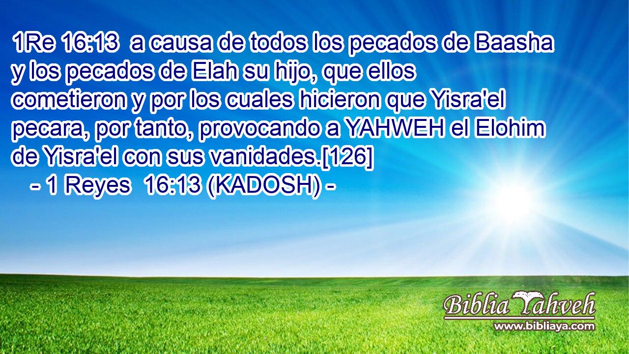  a causa de todos los pecados de Baasha y los pecados de Elah su hijo, que ellos cometieron y por los cuales hicieron que Yisra'el pecara, por tanto, provocando a YAHWEH el Elohim de Yisra'el con sus vanidades.[126] 