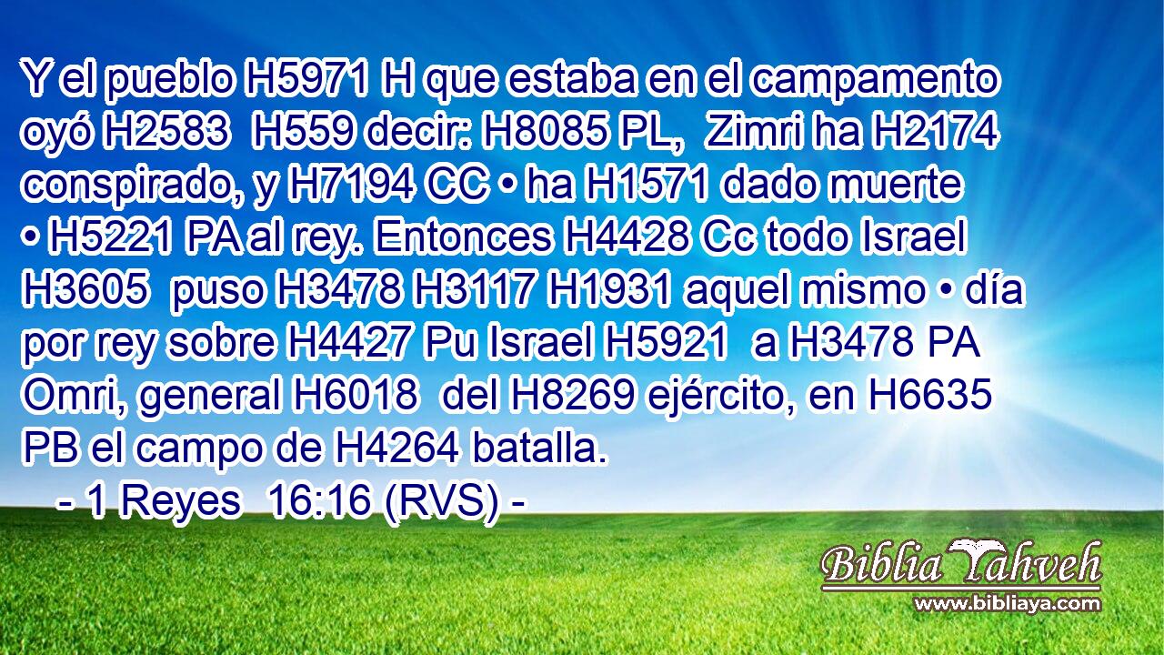 Y el pueblo H5971 H que estaba en el campamento oyó H2583  H559 decir: H8085 PL,  Zimri ha H2174 conspirado, y H7194 CC • ha H1571 dado muerte • H5221 PA al rey. Entonces H4428 Cc todo Israel H3605  puso H3478 H3117 H1931 aquel mismo • día por rey sobre H4427 Pu Israel H5921  a H3478 PA Omri, general H6018  del H8269 ejército, en H6635 PB el campo de H4264 batalla. 