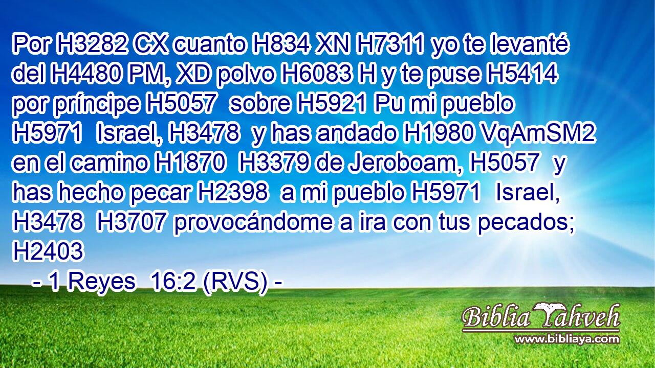 Por H3282 CX cuanto H834 XN H7311 yo te levanté del H4480 PM, XD polvo H6083 H y te puse H5414  por príncipe H5057  sobre H5921 Pu mi pueblo H5971  Israel, H3478  y has andado H1980 VqAmSM2 en el camino H1870  H3379 de Jeroboam, H5057  y has hecho pecar H2398  a mi pueblo H5971  Israel, H3478  H3707 provocándome a ira con tus pecados; H2403  