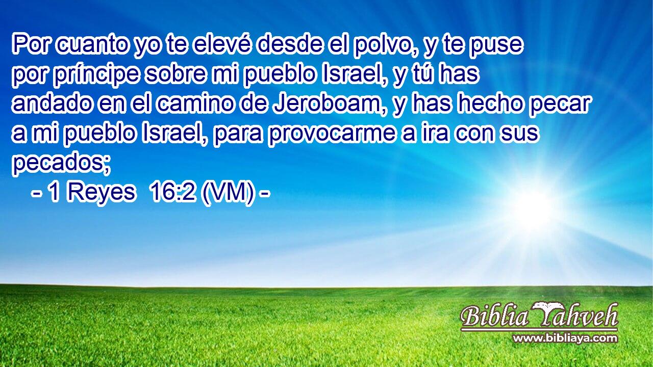  Por cuanto yo te elevé desde el polvo, y te puse por príncipe sobre mi pueblo Israel, y tú has andado en el camino de Jeroboam, y has hecho pecar a mi pueblo Israel, para provocarme a ira con sus pecados; 