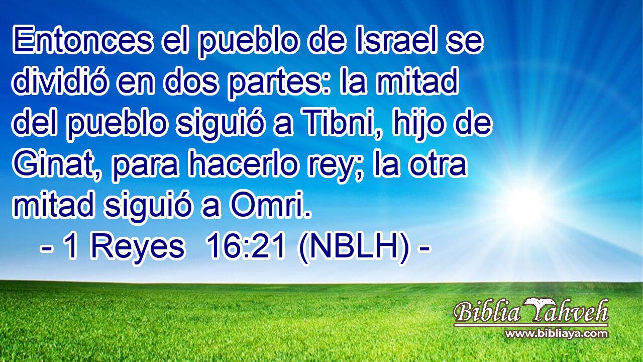  Entonces el pueblo de Israel se dividió en dos partes: la mitad del pueblo siguió a Tibni, hijo de Ginat, para hacerlo rey; la otra mitad siguió a Omri. 