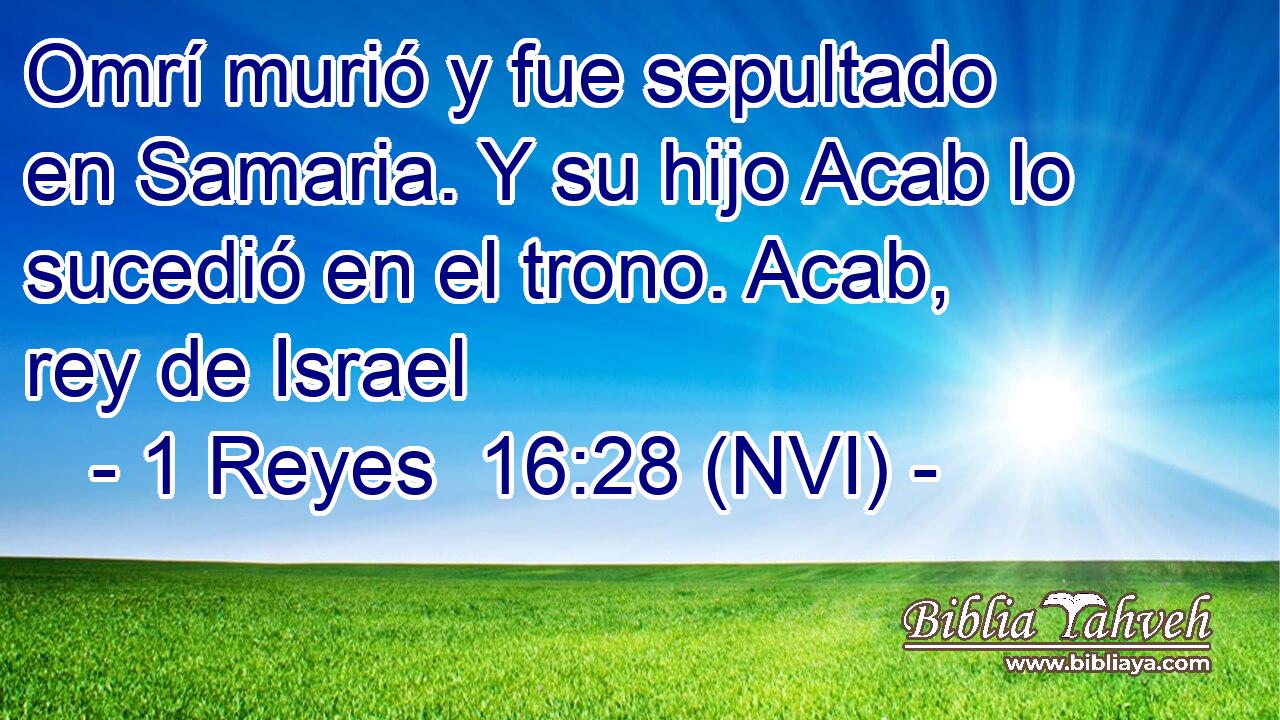  Omrí murió y fue sepultado en Samaria. Y su hijo Acab lo sucedió en el trono. Acab, rey de Israel 