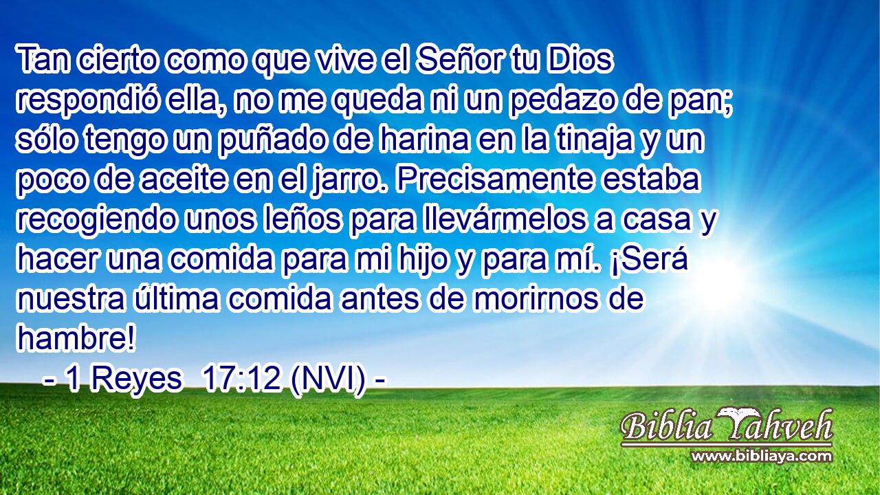  Tan cierto como que vive el Señor tu Dios respondió ella, no me queda ni un pedazo de pan; sólo tengo un puñado de harina en la tinaja y un poco de aceite en el jarro. Precisamente estaba recogiendo unos leños para llevármelos a casa y hacer una comida para mi hijo y para mí. ¡Será nuestra última comida antes de morirnos de hambre! 