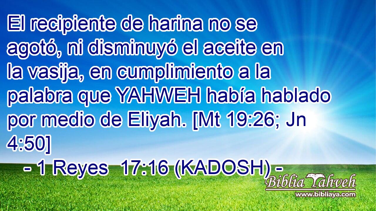  El recipiente de harina no se agotó, ni disminuyó el aceite en la vasija, en cumplimiento a la palabra que YAHWEH había hablado por medio de Eliyah. [Mt 19:26; Jn 4:50] 
