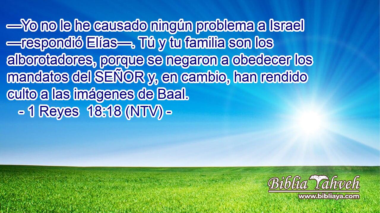 —Yo no le he causado ningún problema a Israel —respondió Elías—. Tú y tu familia son los alborotadores, porque se negaron a obedecer los mandatos del SEÑOR y, en cambio, han rendido culto a las imágenes de Baal.