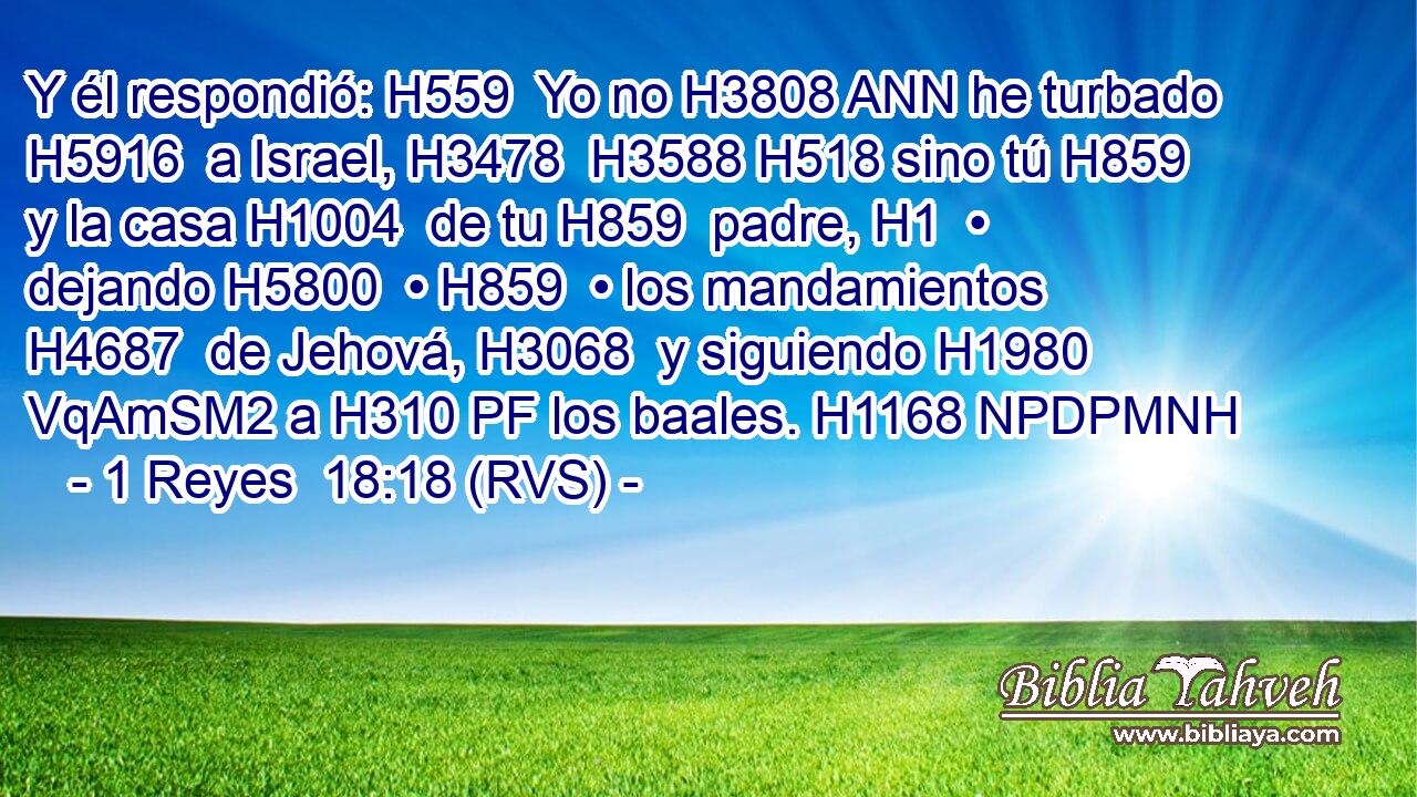 Y él respondió: H559  Yo no H3808 ANN he turbado H5916  a Israel, H3478  H3588 H518 sino tú H859  y la casa H1004  de tu H859  padre, H1  • dejando H5800  • H859  • los mandamientos H4687  de Jehová, H3068  y siguiendo H1980 VqAmSM2 a H310 PF los baales. H1168 NPDPMNH 