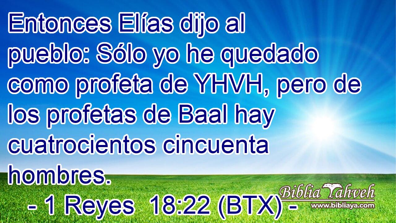 Entonces Elías dijo al pueblo: Sólo yo he quedado como profeta de YHVH, pero de los profetas de Baal hay cuatrocientos cincuenta hombres.