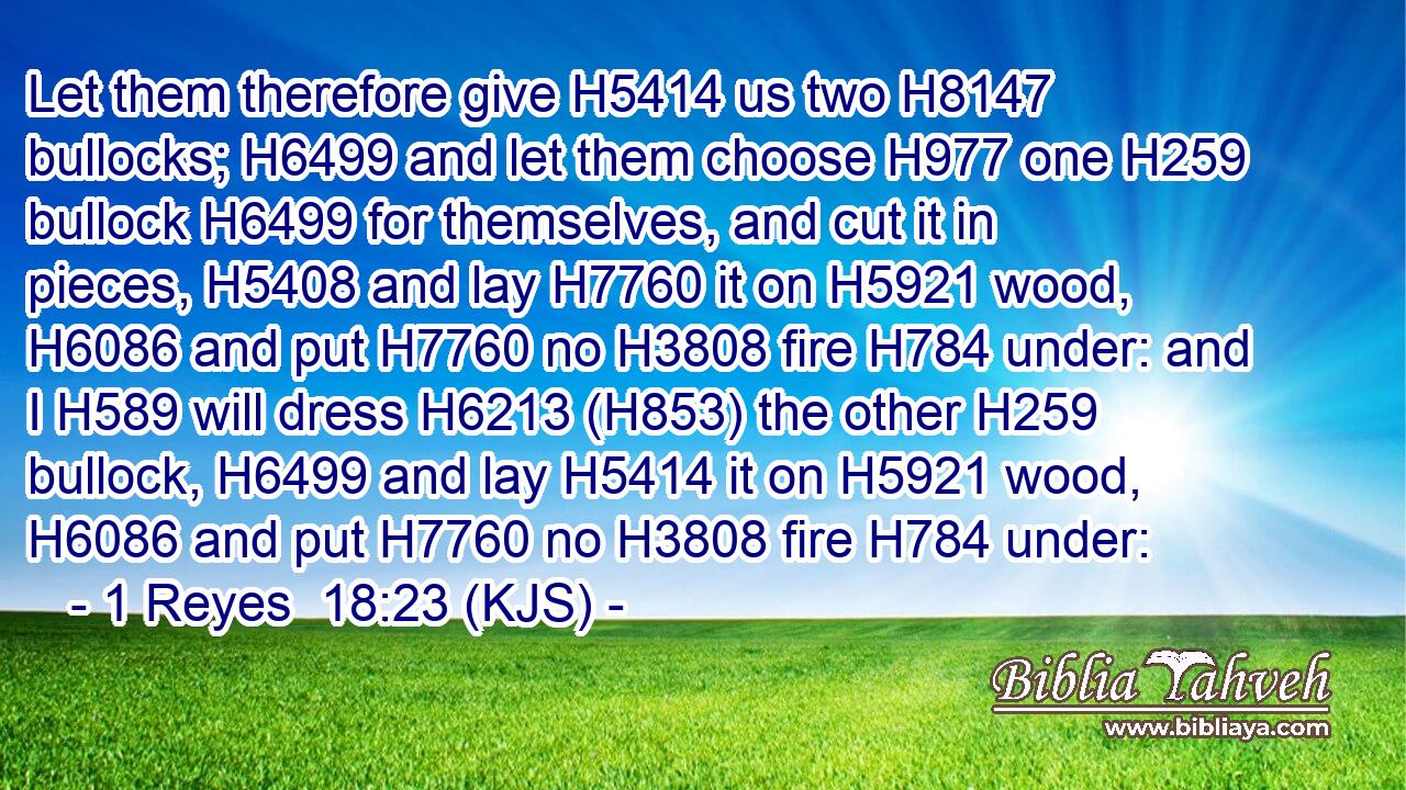 Let them therefore give H5414 us two H8147 bullocks; H6499 and let them choose H977 one H259 bullock H6499 for themselves, and cut it in pieces, H5408 and lay H7760 it on H5921 wood, H6086 and put H7760 no H3808 fire H784 under: and I H589 will dress H6213 (H853) the other H259 bullock, H6499 and lay H5414 it on H5921 wood, H6086 and put H7760 no H3808 fire H784 under:
