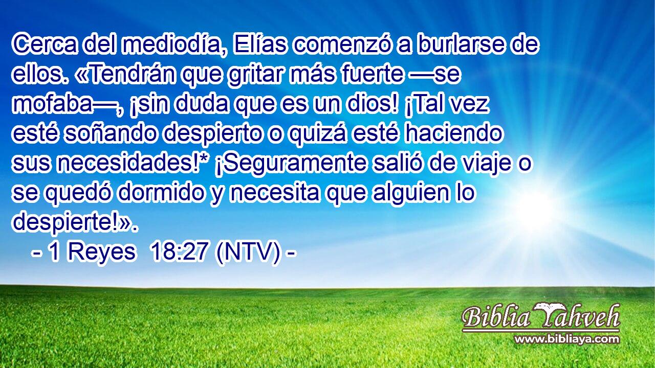 Cerca del mediodía, Elías comenzó a burlarse de ellos. «Tendrán que gritar más fuerte —se mofaba—, ¡sin duda que es un dios! ¡Tal vez esté soñando despierto o quizá esté haciendo sus necesidades!* ¡Seguramente salió de viaje o se quedó dormido y necesita que alguien lo despierte!».