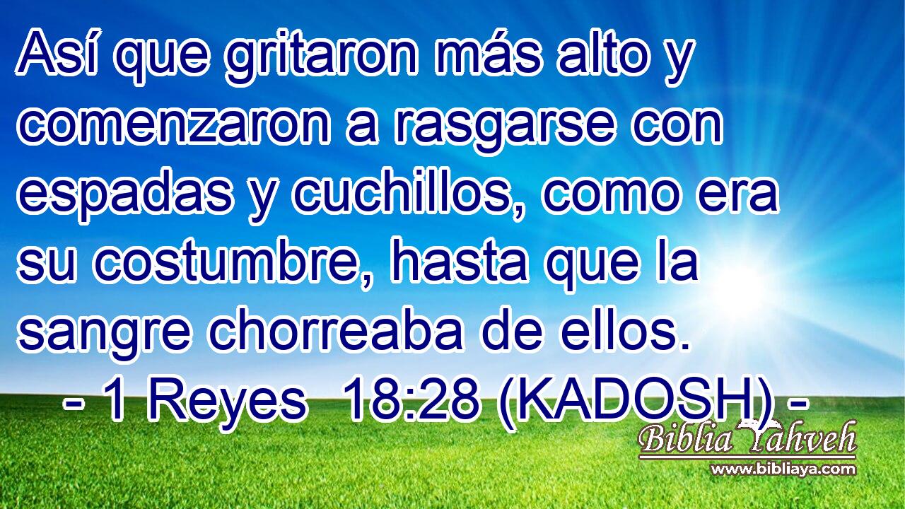  Así que gritaron más alto y comenzaron a rasgarse con espadas y cuchillos, como era su costumbre, hasta que la sangre chorreaba de ellos. 