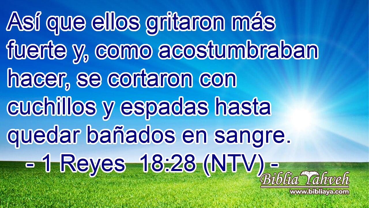Así que ellos gritaron más fuerte y, como acostumbraban hacer, se cortaron con cuchillos y espadas hasta quedar bañados en sangre.