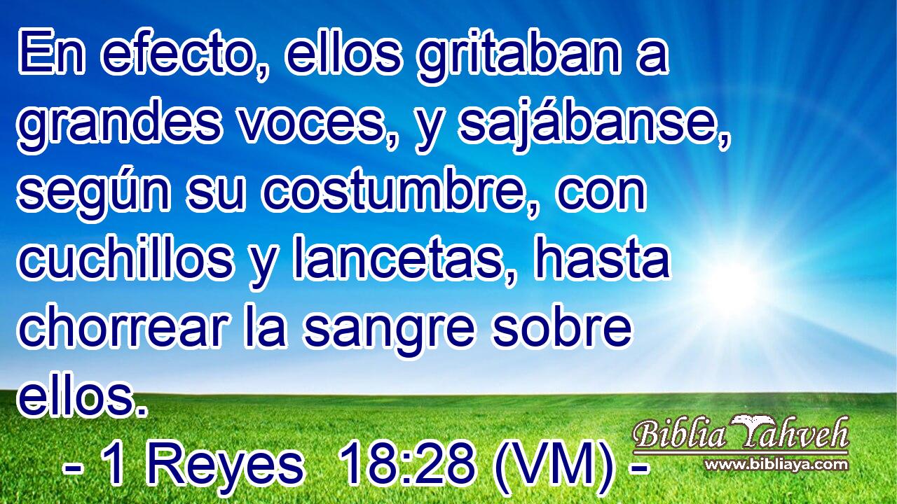  En efecto, ellos gritaban a grandes voces, y sajábanse, según su costumbre, con cuchillos y lancetas, hasta chorrear la sangre sobre ellos. 