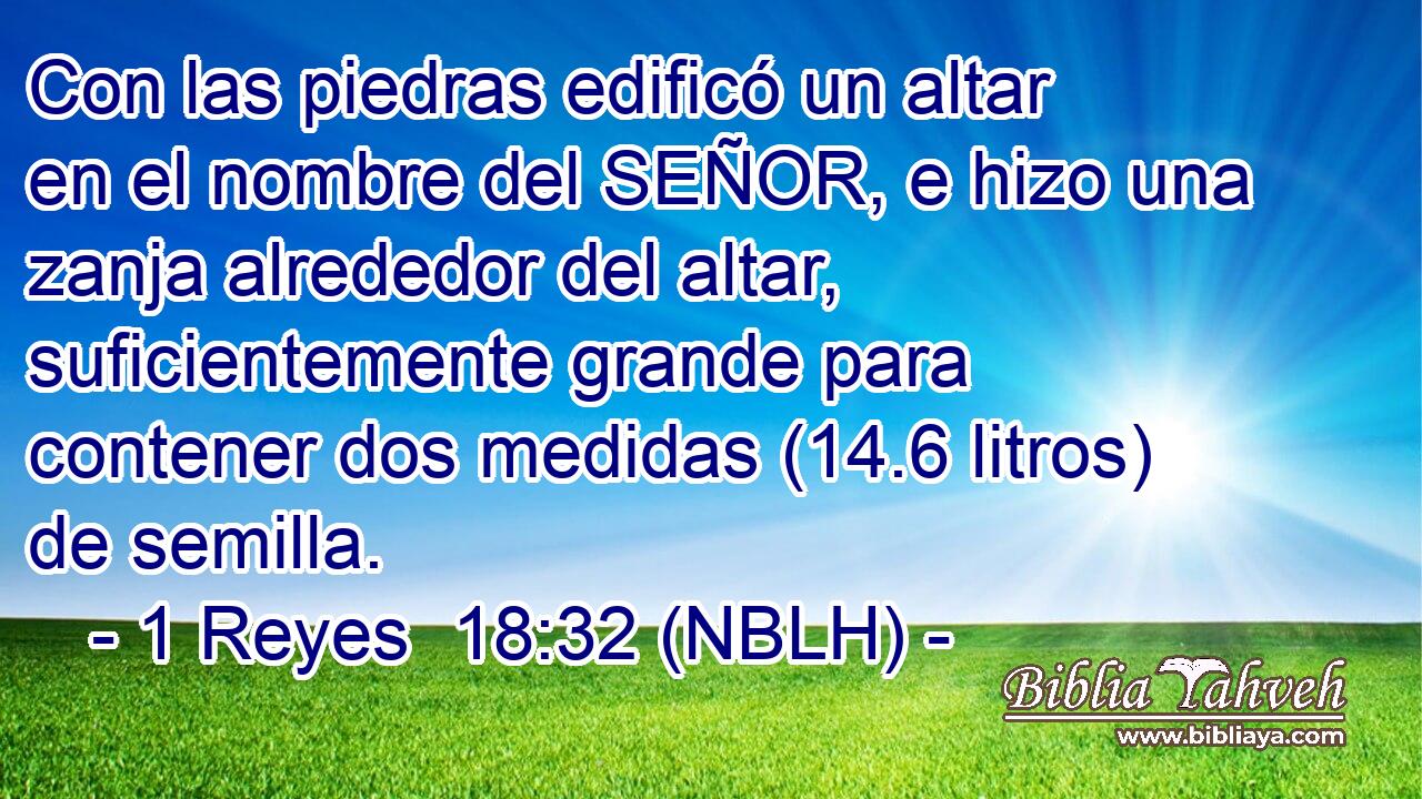  Con las piedras edificó un altar en el nombre del SEÑOR, e hizo una zanja alrededor del altar, suficientemente grande para contener dos medidas (14.6 litros) de semilla. 