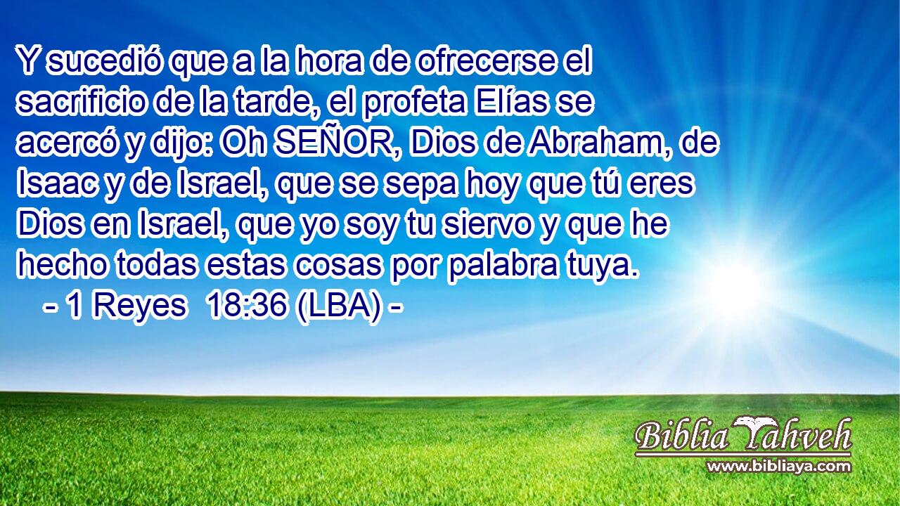 Y sucedió que a la hora de ofrecerse el sacrificio de la tarde, el profeta Elías se acercó y dijo: Oh SEÑOR, Dios de Abraham, de Isaac y de Israel, que se sepa hoy que tú eres Dios en Israel, que yo soy tu siervo y que he hecho todas estas cosas por palabra tuya.