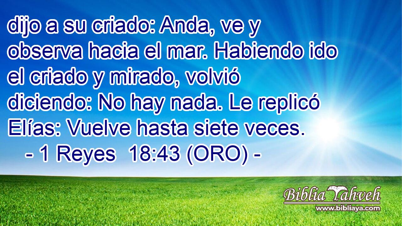  dijo a su criado: Anda, ve y observa hacia el mar. Habiendo ido el criado y mirado, volvió diciendo: No hay nada. Le replicó Elías: Vuelve hasta siete veces. 