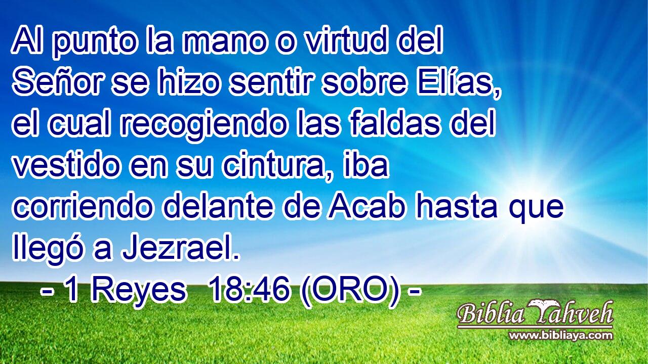  Al punto la mano o virtud del Señor se hizo sentir sobre Elías, el cual recogiendo las faldas del vestido en su cintura, iba corriendo delante de Acab hasta que llegó a Jezrael. 
