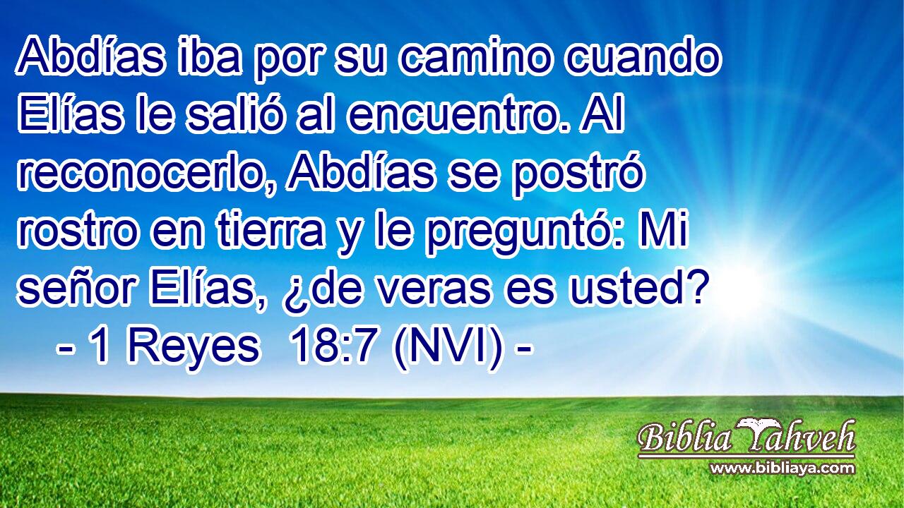  Abdías iba por su camino cuando Elías le salió al encuentro. Al reconocerlo, Abdías se postró rostro en tierra y le preguntó: Mi señor Elías, ¿de veras es usted? 