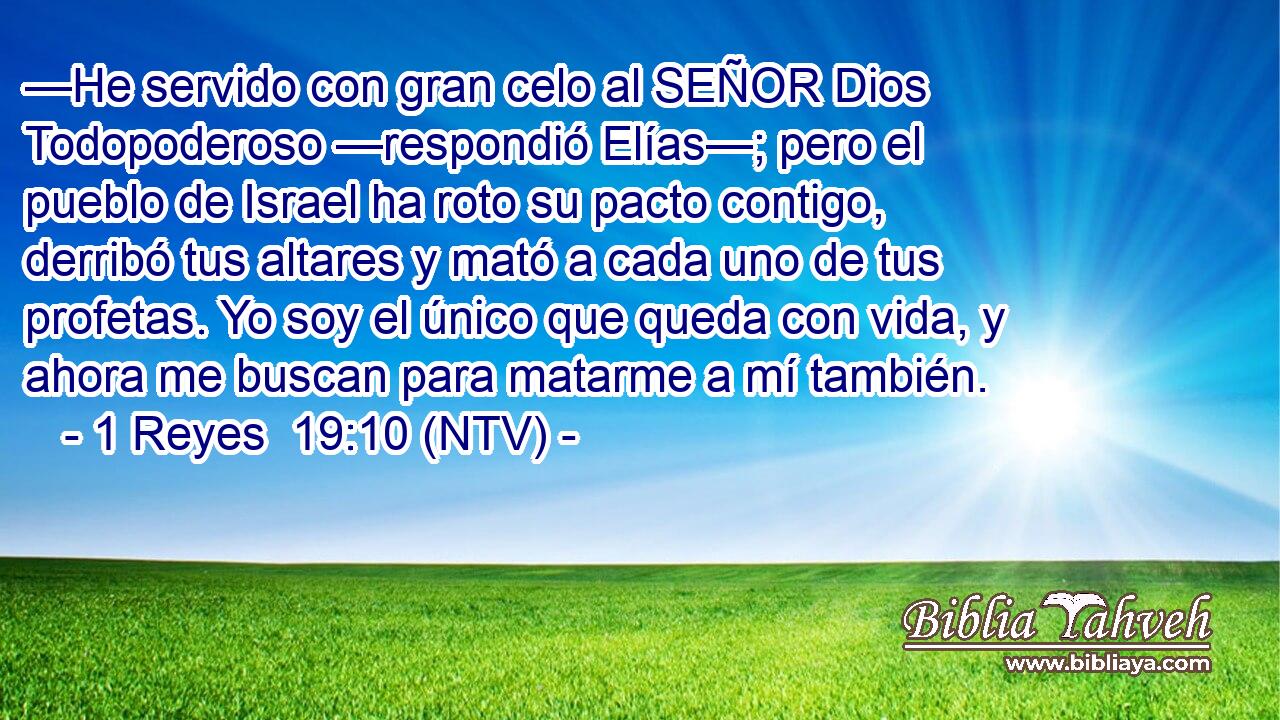 —He servido con gran celo al SEÑOR Dios Todopoderoso —respondió Elías—; pero el pueblo de Israel ha roto su pacto contigo, derribó tus altares y mató a cada uno de tus profetas. Yo soy el único que queda con vida, y ahora me buscan para matarme a mí también.
