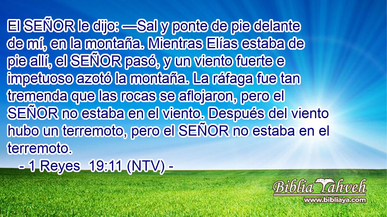 El SEÑOR le dijo: —Sal y ponte de pie delante de mí, en la montaña. Mientras Elías estaba de pie allí, el SEÑOR pasó, y un viento fuerte e impetuoso azotó la montaña. La ráfaga fue tan tremenda que las rocas se aflojaron, pero el SEÑOR no estaba en el viento. Después del viento hubo un terremoto, pero el SEÑOR no estaba en el terremoto.