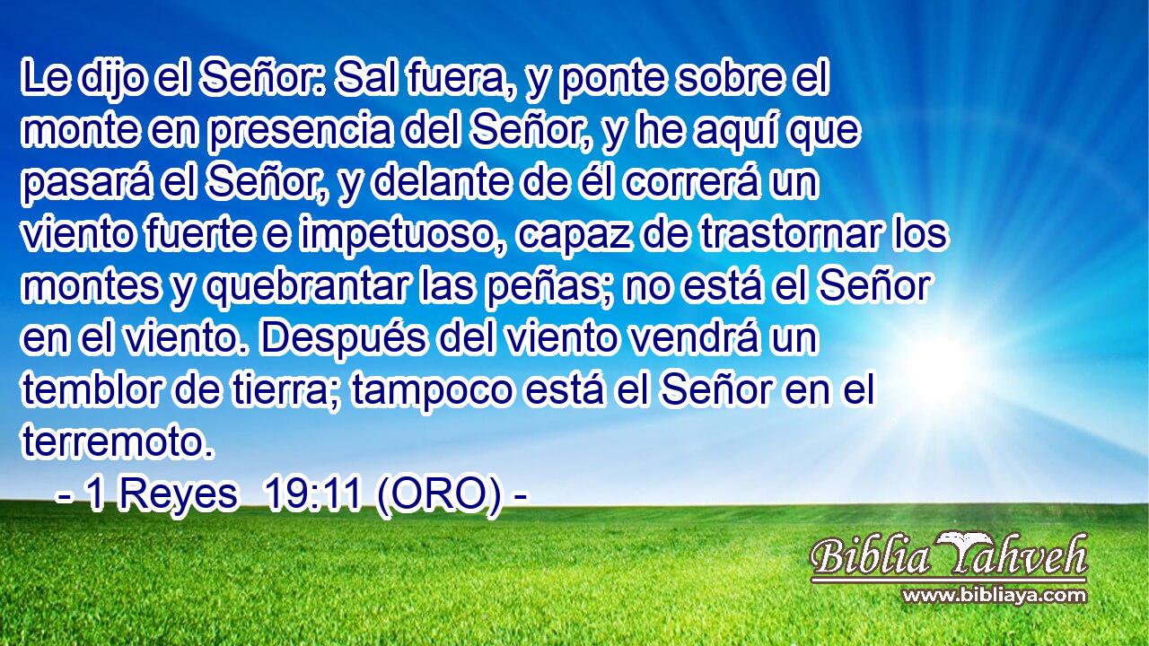  Le dijo el Señor: Sal fuera, y ponte sobre el monte en presencia del Señor, y he aquí que pasará el Señor, y delante de él correrá un viento fuerte e impetuoso, capaz de trastornar los montes y quebrantar las peñas; no está el Señor en el viento. Después del viento vendrá un temblor de tierra; tampoco está el Señor en el terremoto. 