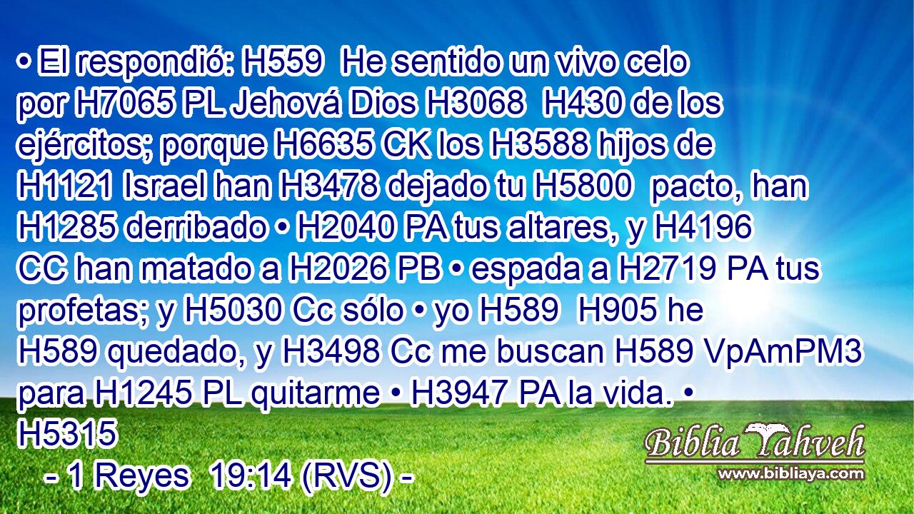 • El respondió: H559  He sentido un vivo celo por H7065 PL Jehová Dios H3068  H430 de los ejércitos; porque H6635 CK los H3588 hijos de H1121 Israel han H3478 dejado tu H5800  pacto, han H1285 derribado • H2040 PA tus altares, y H4196 CC han matado a H2026 PB • espada a H2719 PA tus profetas; y H5030 Cc sólo • yo H589  H905 he H589 quedado, y H3498 Cc me buscan H589 VpAmPM3 para H1245 PL quitarme • H3947 PA la vida. • H5315  