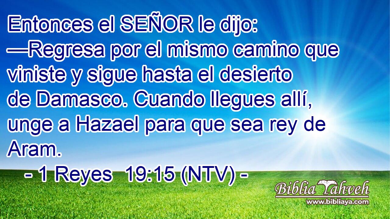 Entonces el SEÑOR le dijo: —Regresa por el mismo camino que viniste y sigue hasta el desierto de Damasco. Cuando llegues allí, unge a Hazael para que sea rey de Aram.